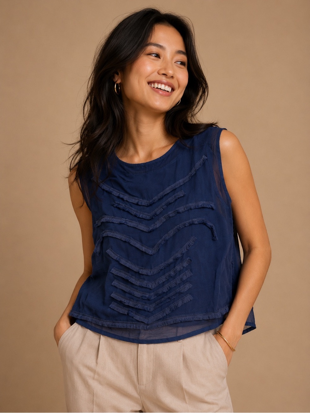 Dana Buchman Blue Fringe Sleeveless Blouse XL Boho Career Chic Top